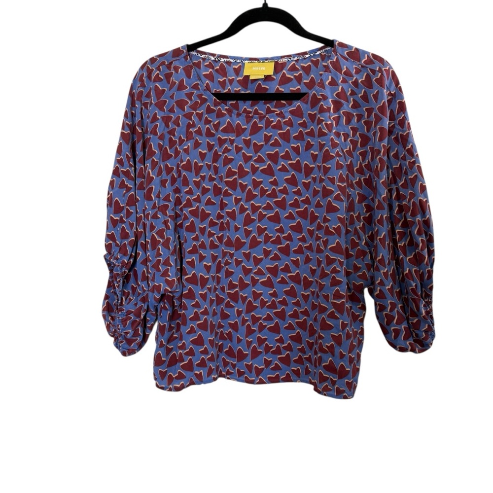 Maeve Women’s Lightweight Whimsical 100% Silk Blue Red Heart Print Top sz M